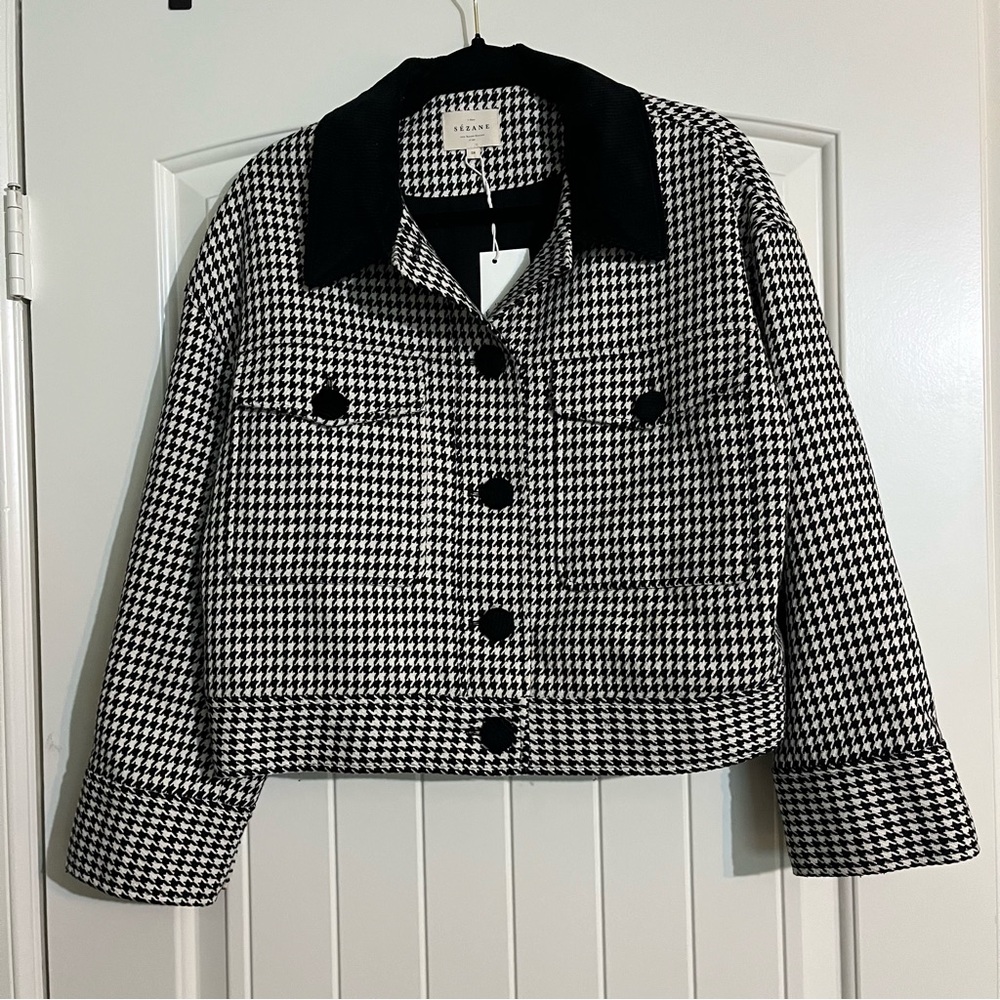 Sezane Erwann Black and White Houndstooth Jacket